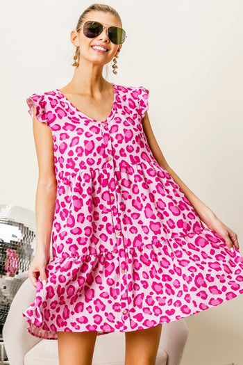 BiBi Leopard Cap Sleeve Tiered Mini Dress Trendsi