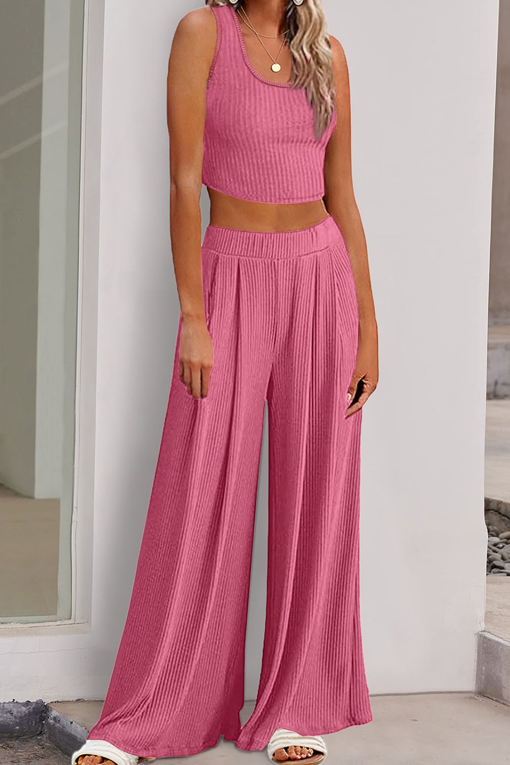 Scoop Neck Top and Wide Leg Pants Set Trendsi