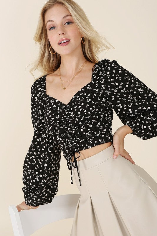 Ruched floral print crop top with puff sleeves Lilou
