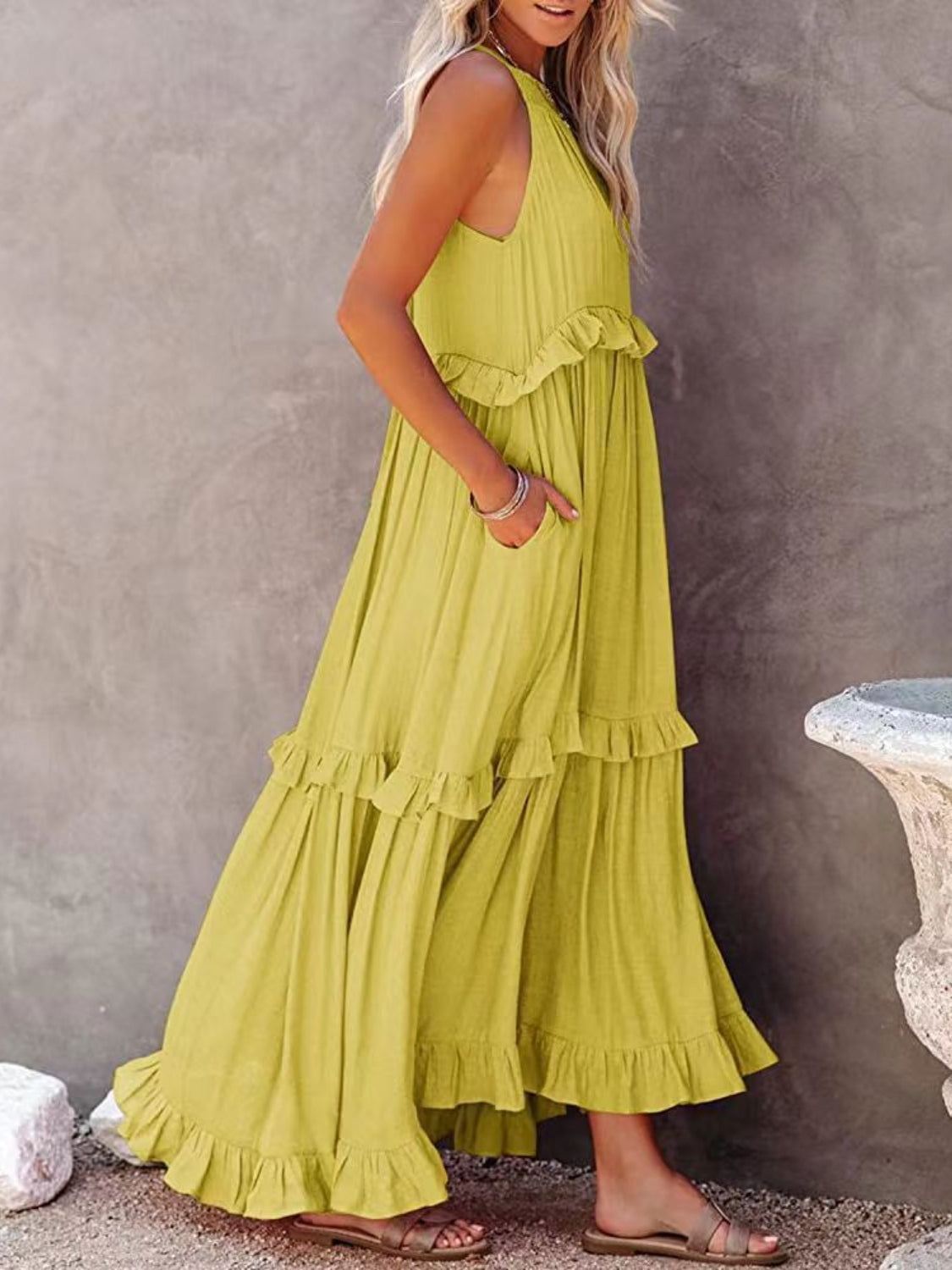 Ruffled Sleeveless Maxi Dress with Pockets Trendsi