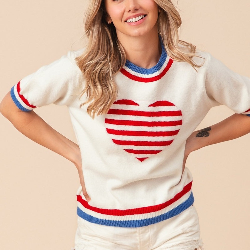 BiBi US Flag Theme Striped Heart Sweater