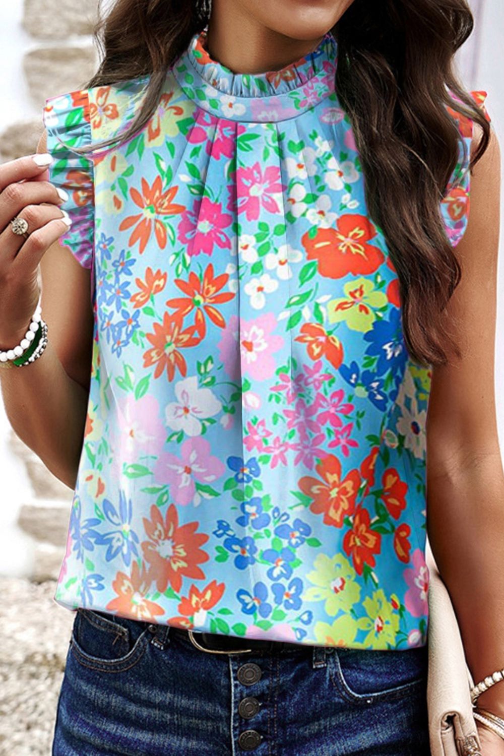 Ruffled Printed Mock Neck Cap Sleeve Blouse Trendsi