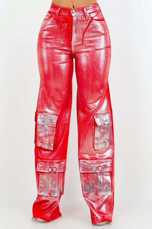 Cargo Wide Leg Jean in Foil Red GJG Denim