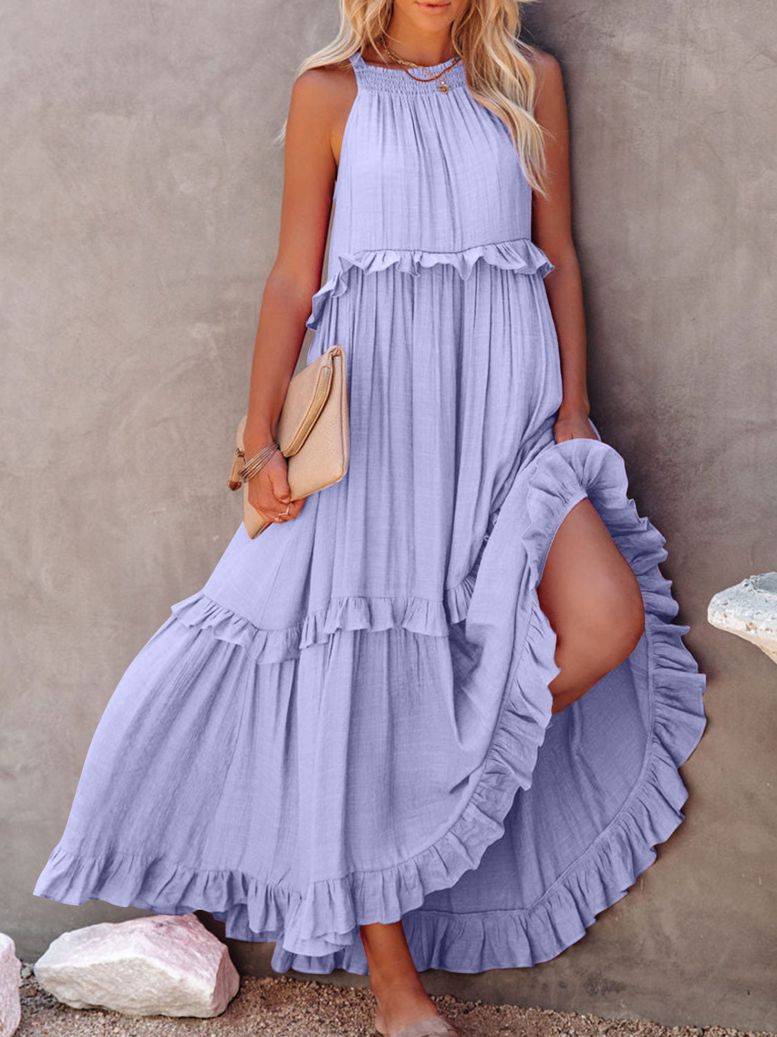 Ruffled Sleeveless Maxi Dress with Pockets Trendsi