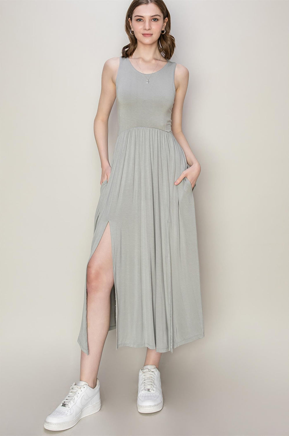 HYFVE Sleeveless Slit Midi Dress Trendsi