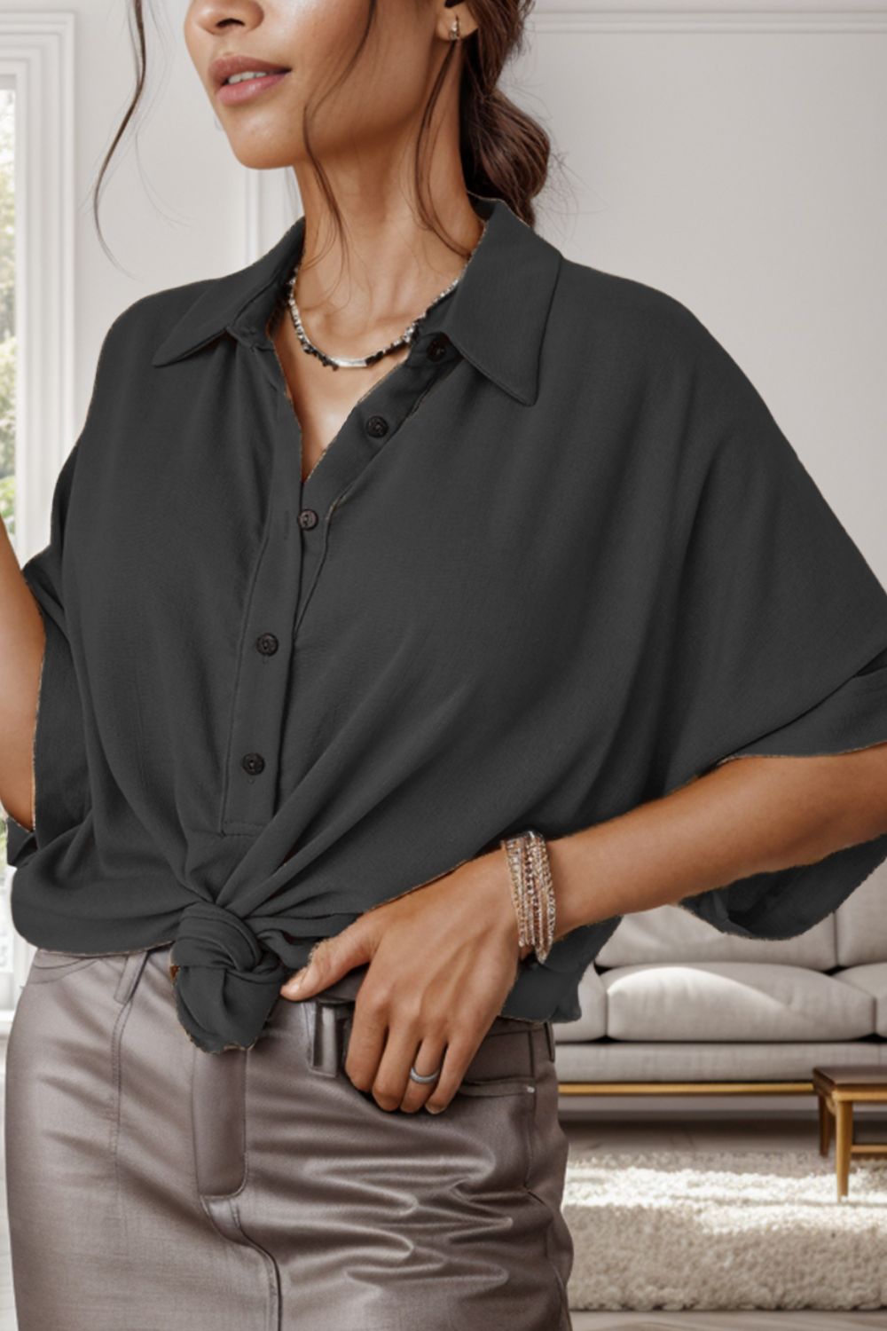 Half Button Collared Neck Half Sleeve Blouse Trendsi