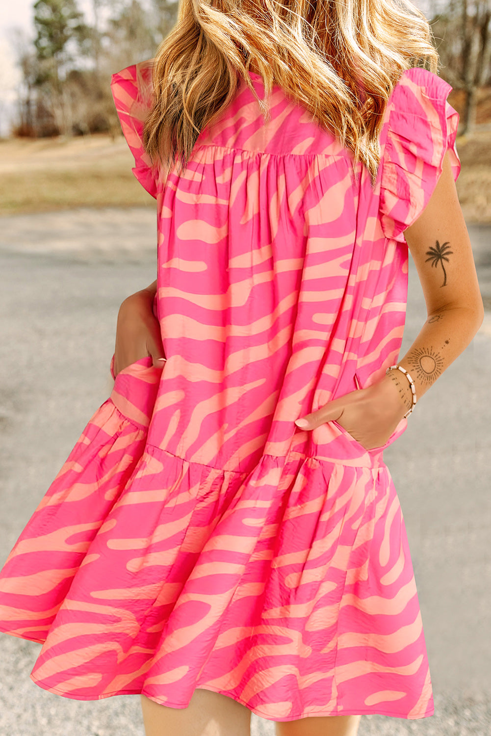 Ruffled Printed Cap Sleeve Mini Dress Trendsi