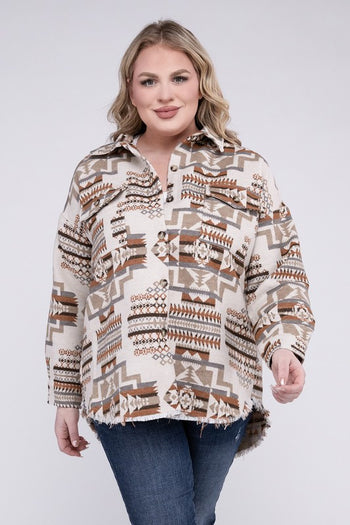 Plus Size Aztec Western Shacket Blue B