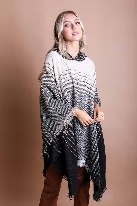 Herringbone Tweed Hooded Frayed Edge Poncho Leto Accessories