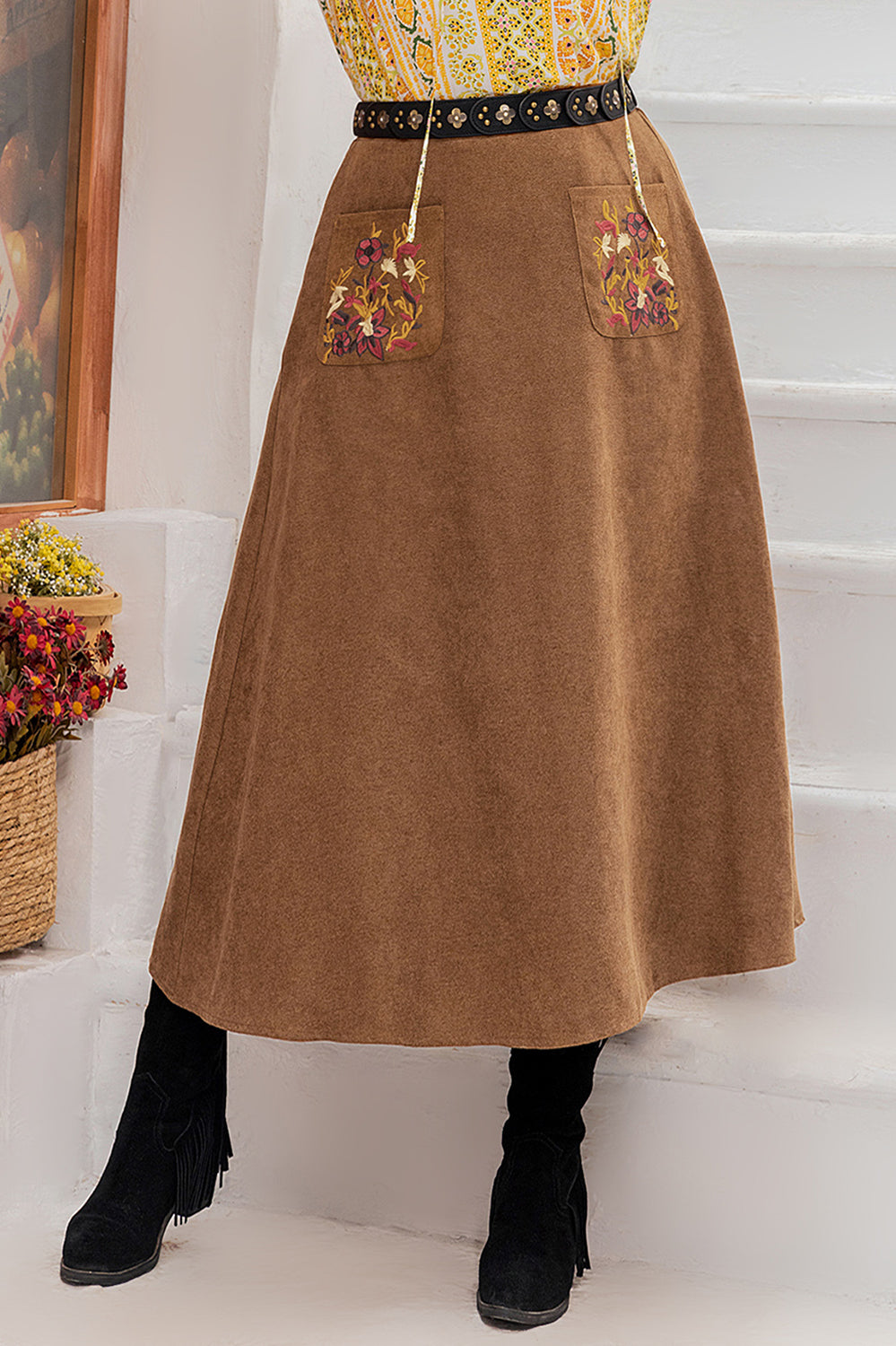 Embroidered Pocketed High Waist Skirt Casual Chic Boutique