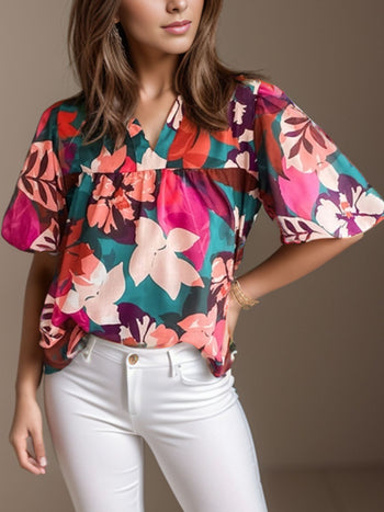 Printed Notched Puff Sleeve Blouse Trendsi