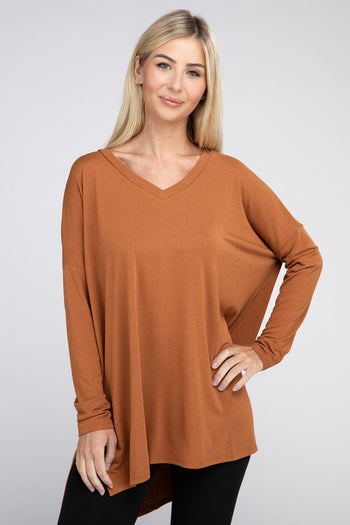 Dolman Long Sleeve V-Neck Side Slit Hi-Low Hem Top ZENANA