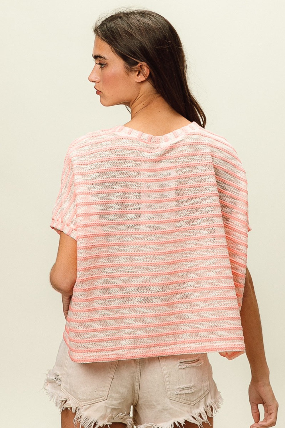 BiBi Braid Striped Short Sleeve Round Neck T-Shirt Trendsi