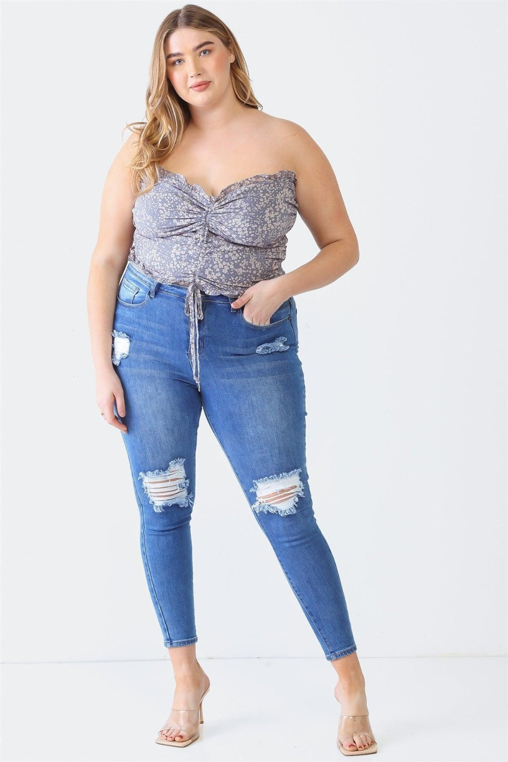 Zenobia Plus Size Drawstring Smocked Floral Tube Top Zenobia