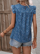 Ruffled Printed Round Neck Cap Sleeve Blouse Trendsi