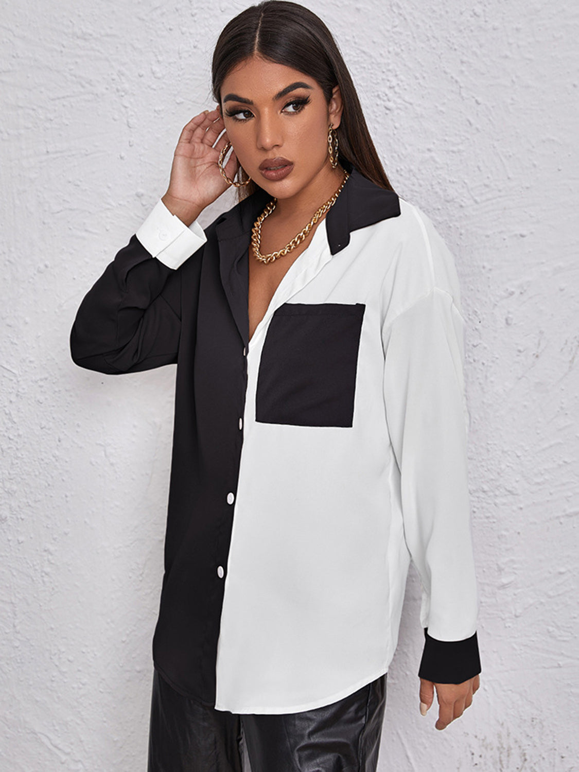 Contrast Dropped Shoulder Long Sleeve Shirt Trendsi