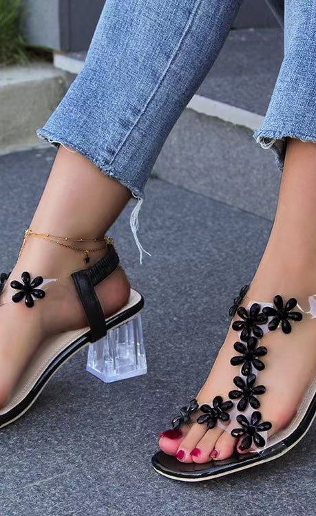 Flower Open Toe Block Heel Sandals Trendsi