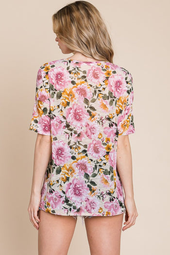 BOMBOM Floral Round Neck T-Shirt Trendsi