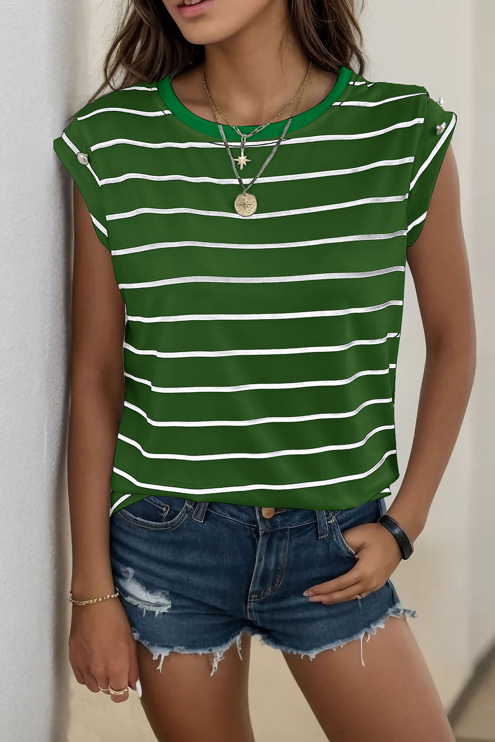 Decorative Button Round Neck T-Shirt Casual Chic Boutique