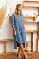 Sew In Love High-Low Button Up Roll-Tab Sleeve Denim Dress Trendsi