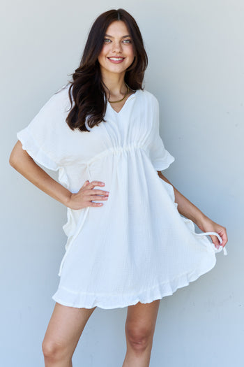 Ruffle Hem Dress with Drawstring Waistband in White Casual Chic Boutique