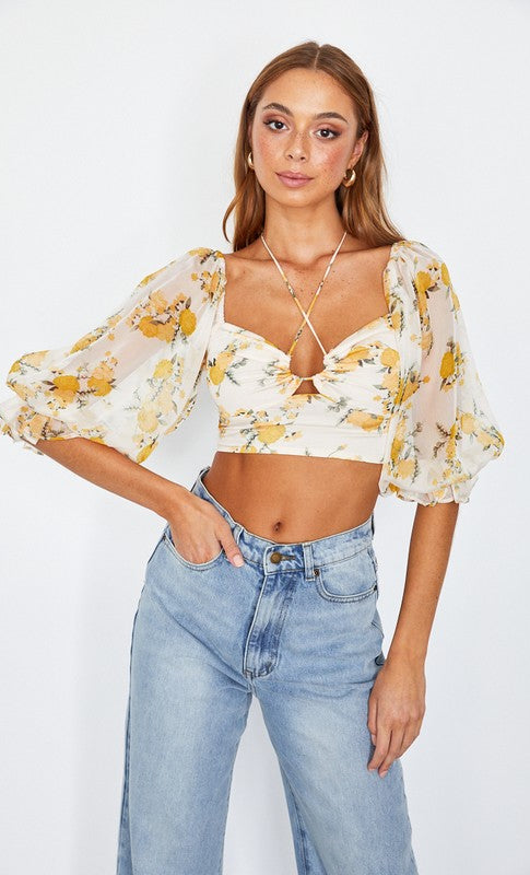 Chiffon Balloon Sleeved Bustier Crop Top One and Only Collective Inc