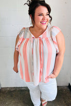 Coral & Light Blue Stripe Waffle Tie Neck Top Sugarfox