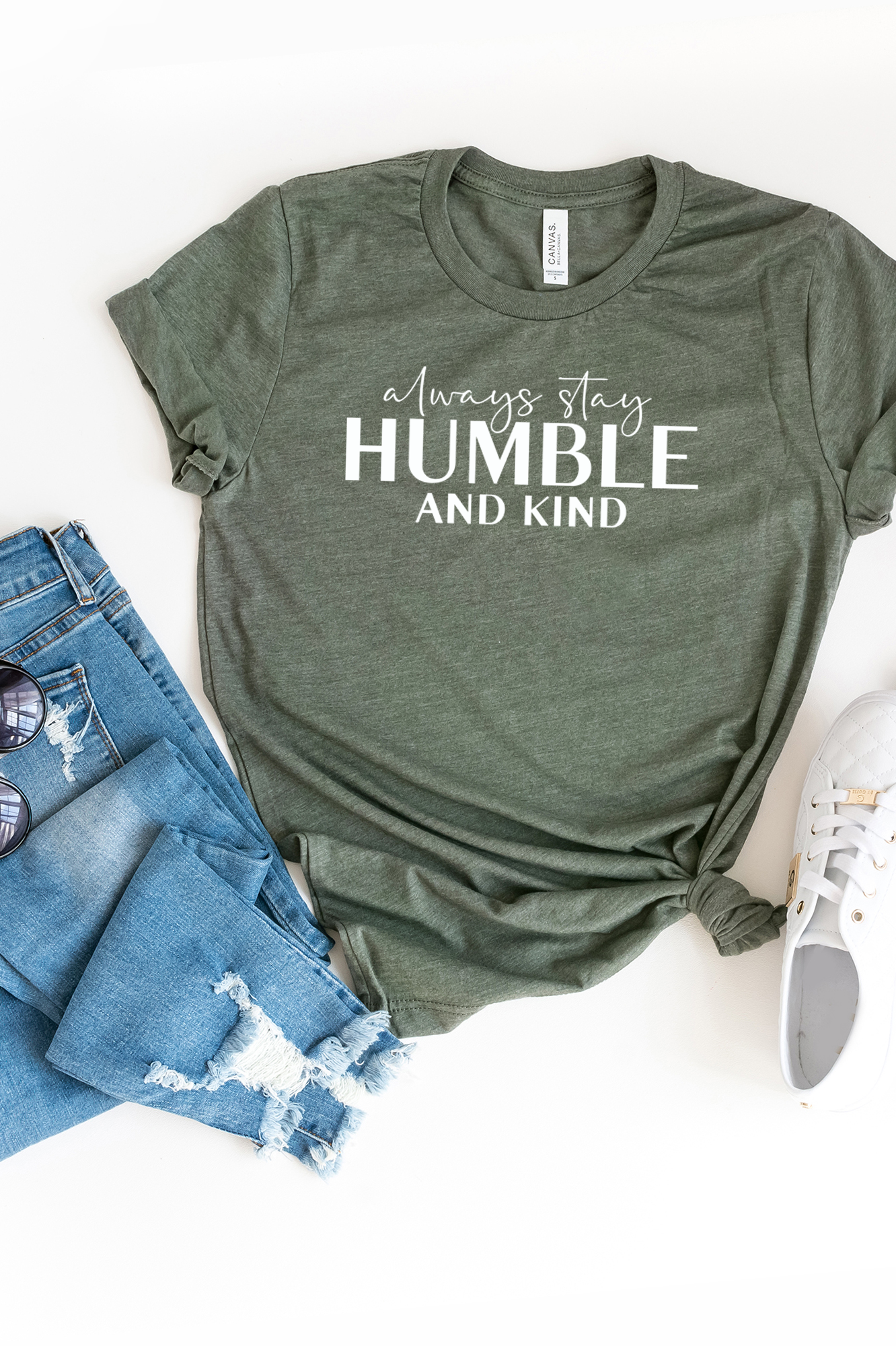 Always Stay Humble and Kind | Short Sleeve Crew Neck Olive and Ivory Retail