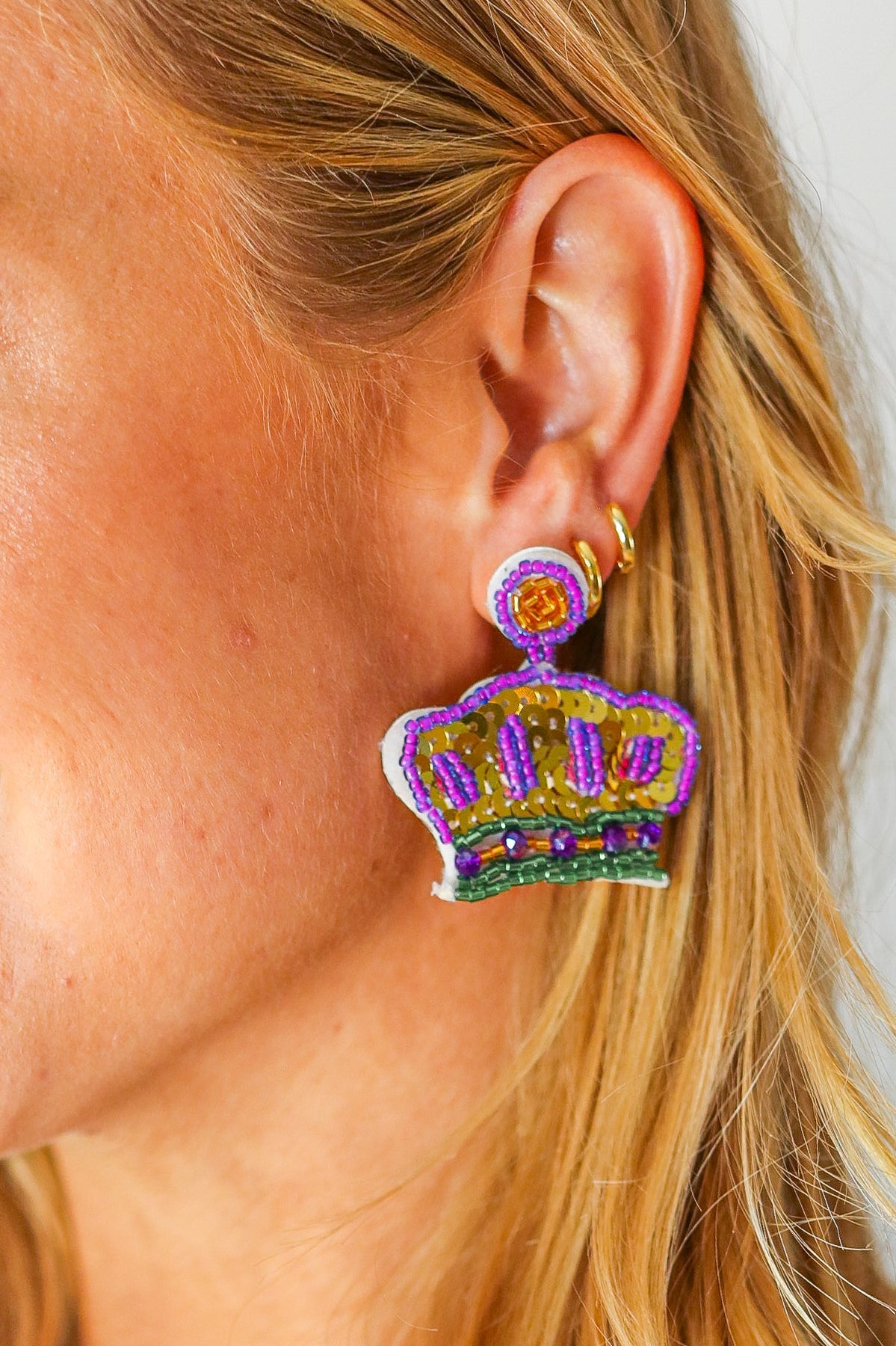 Mardi Gras Sequin & Beaded Crown Dangle Earrings ICON