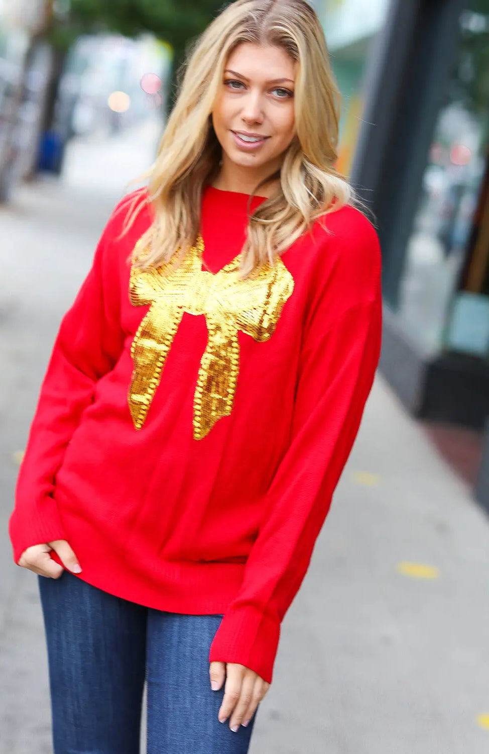 All I Want Red Sequin Bow Embroidery Knit Sweater Haptics