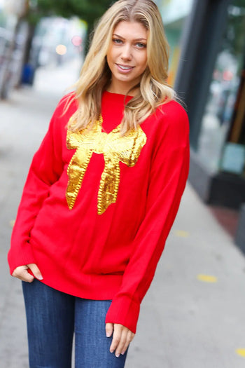 All I Want Red Sequin Bow Embroidery Knit Sweater Haptics