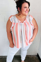 Coral & Light Blue Stripe Waffle Tie Neck Top Sugarfox