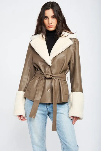 BELTED FAUX SHEARING TRIMMED JACKET Emory Park