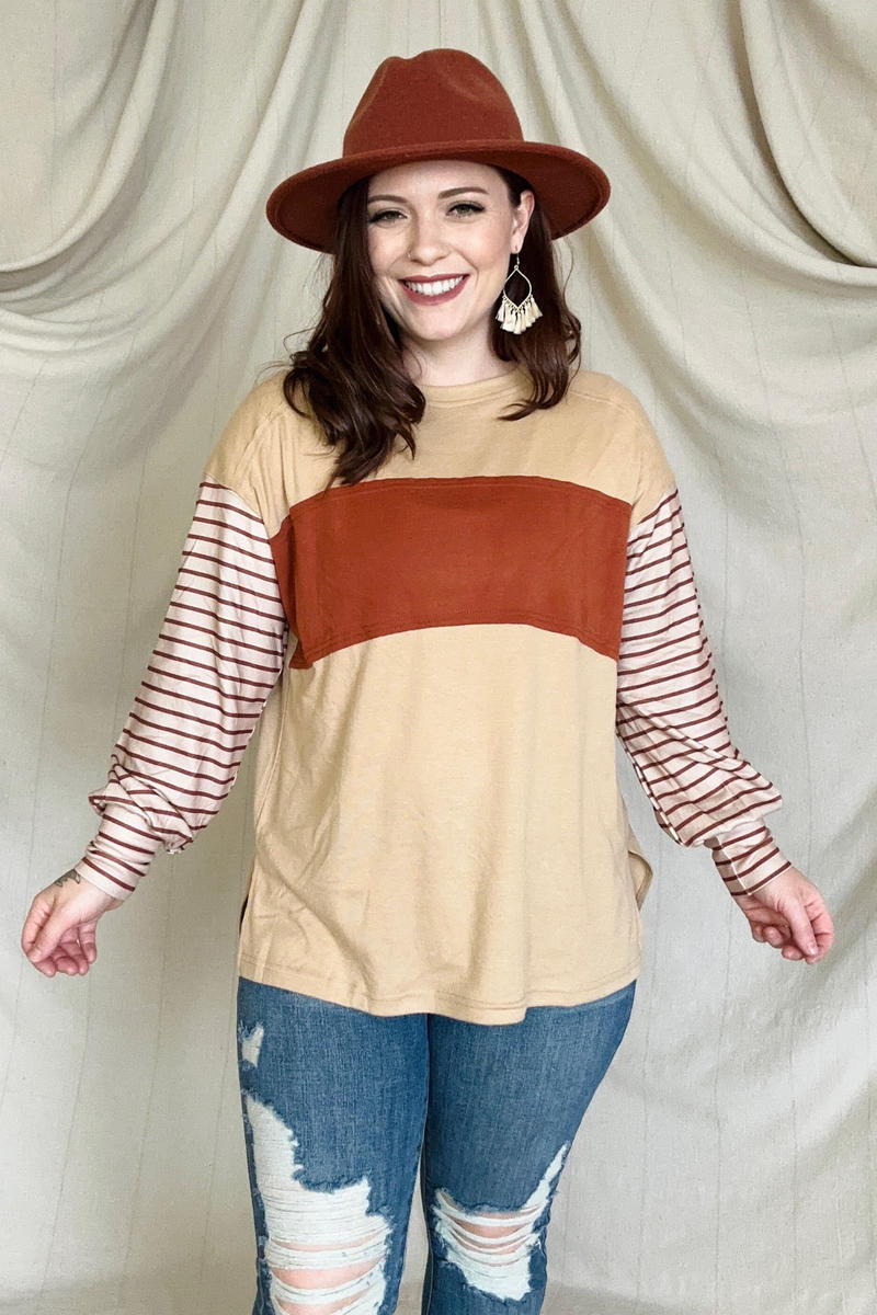 Round Neck Colorblock Striped Bishop Sleeve Top Kiwidrop