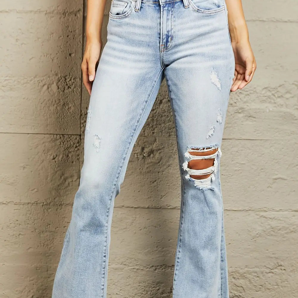 BAYEAS Mid Rise Distressed Flare Jeans Trendsi