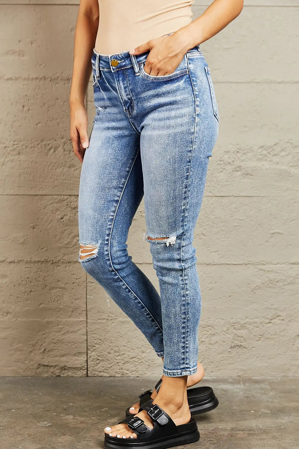 BAYEAS Mid Rise Distressed Skinny Jeans Trendsi
