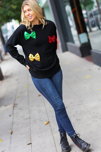 Be Merry Black Multicolor Sequin Bow Knit Sweater Haptics