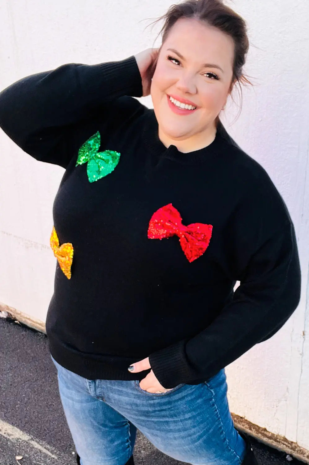 Be Merry Black Multicolor Sequin Bow Knit Sweater Haptics