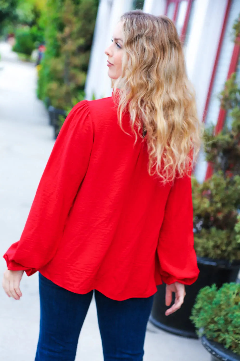 Be Merry Red Frill Mock Neck Crinkle Woven Top Haptics