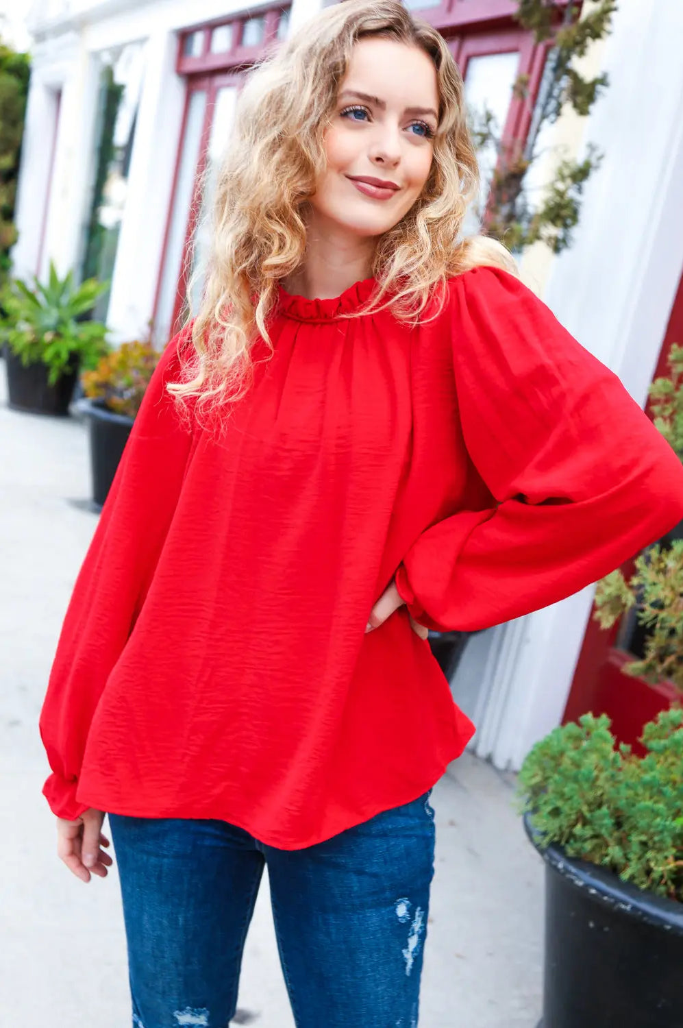 Be Merry Red Frill Mock Neck Crinkle Woven Top Haptics