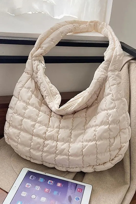 Beige Quilted Zipper Large Jennie  Shoulder Bag EG fashion