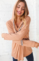 Beige Rib Knit Leopard Print Drawstring Hoodie Now and Forever