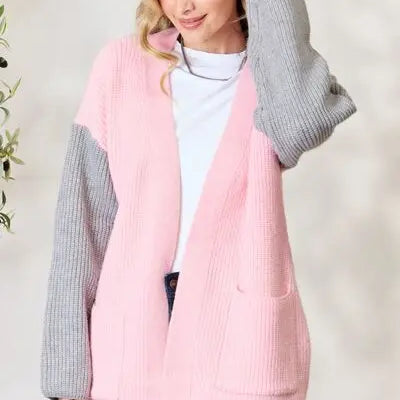 BiBi Contrast Open Front Cardigan with Pockets Trendsi