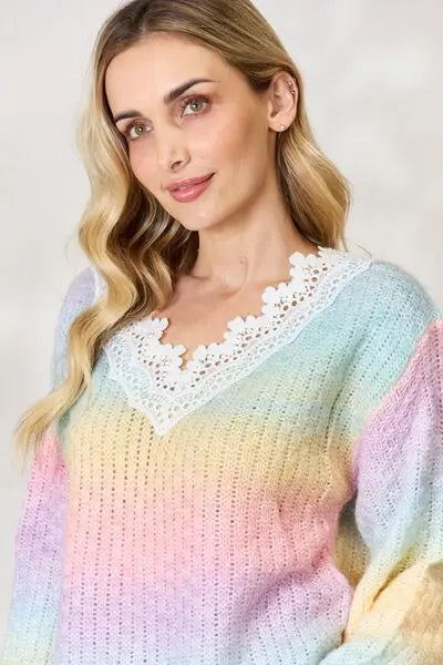 BiBi Rainbow Gradient Crochet Deetail Sweater Trendsi