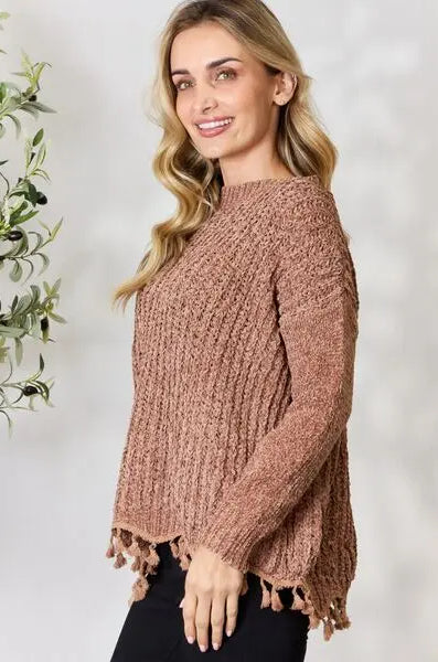 BiBi Tassel Trim Long Sleeve Sweater Trendsi