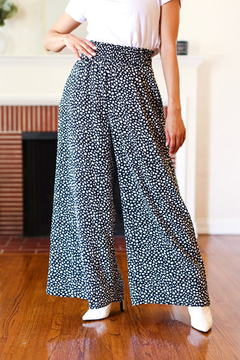 Let's Meet Up Black Animal Print Smocked Waist Palazzo Pants Haptics