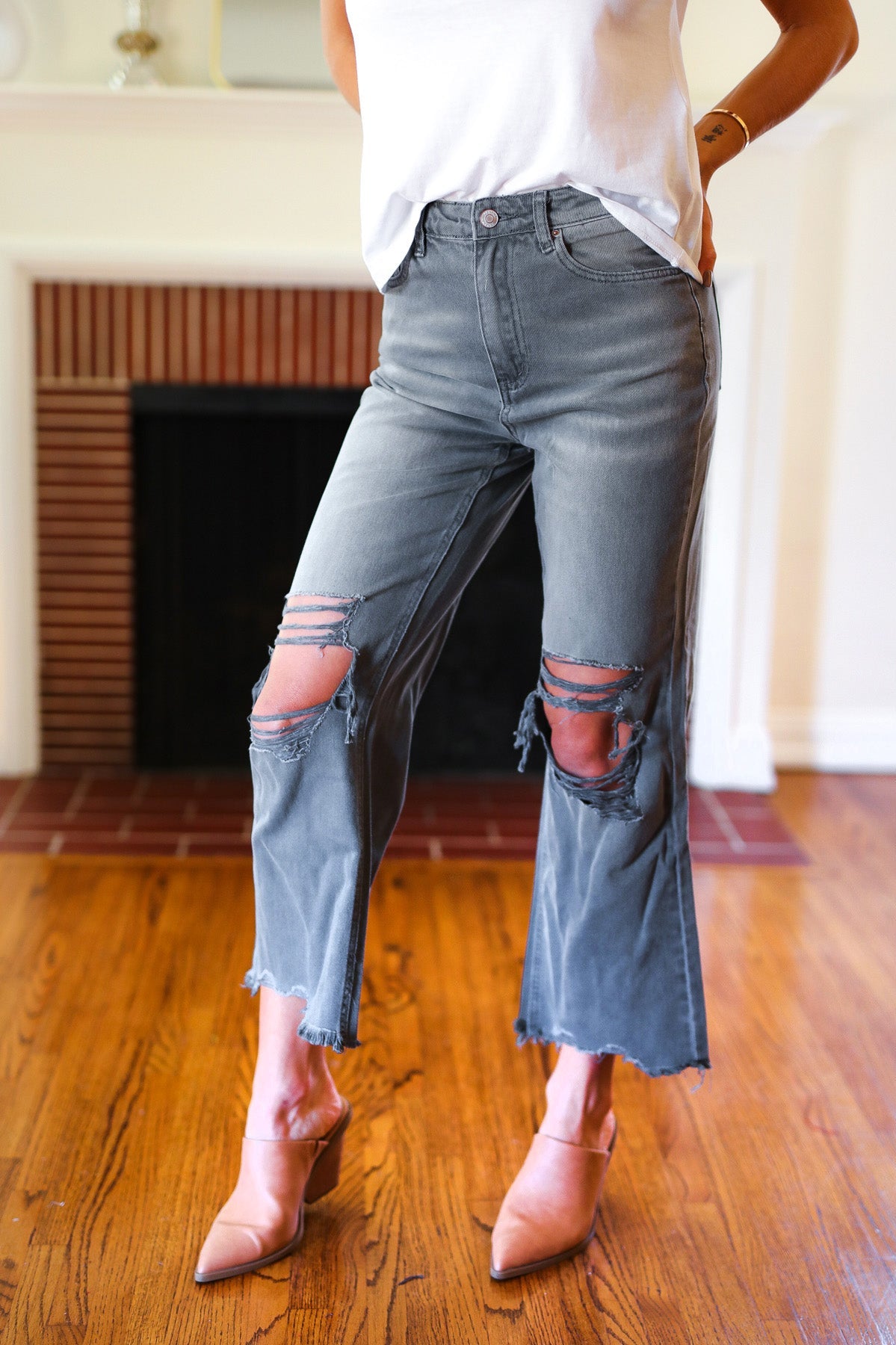 Cut Loose Ash Black High Rise Washed Distressed Cropped Pants Zenana