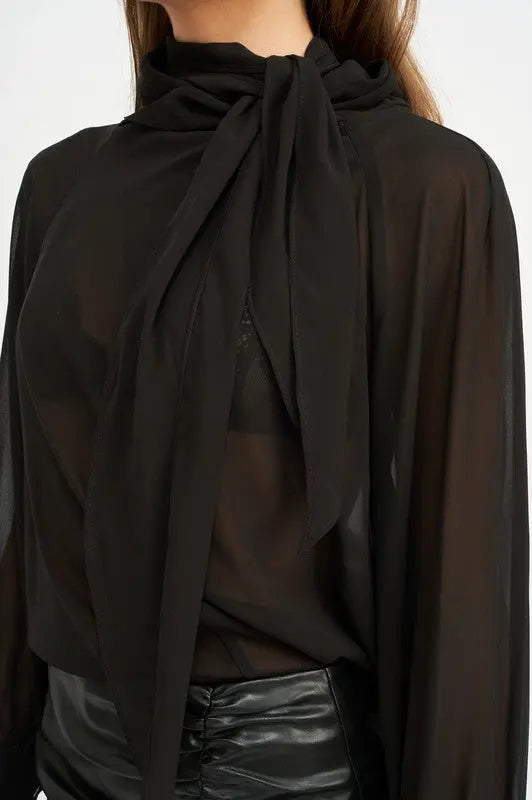CONTRASTED SHEER TOP WITH SCARF DETAIL Emory Park