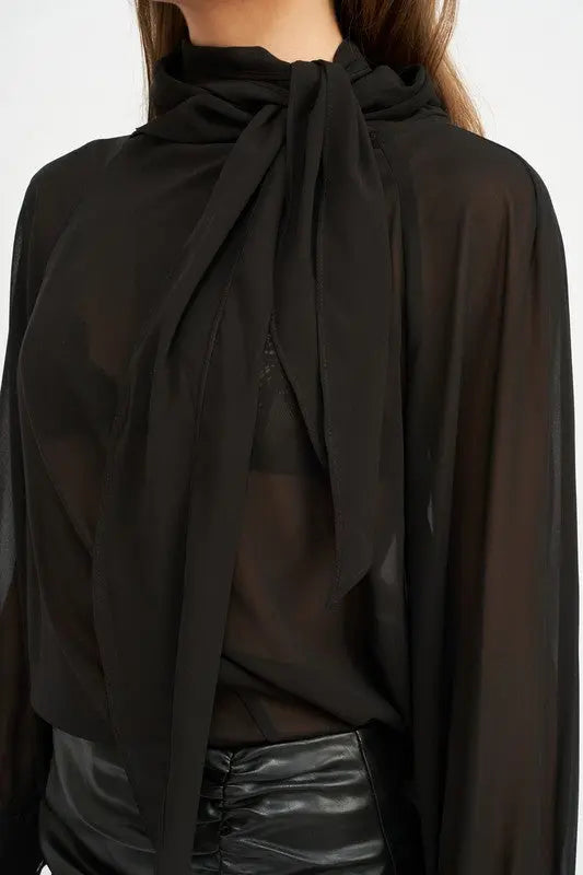 CONTRASTED SHEER TOP WITH SCARF DETAIL Emory Park