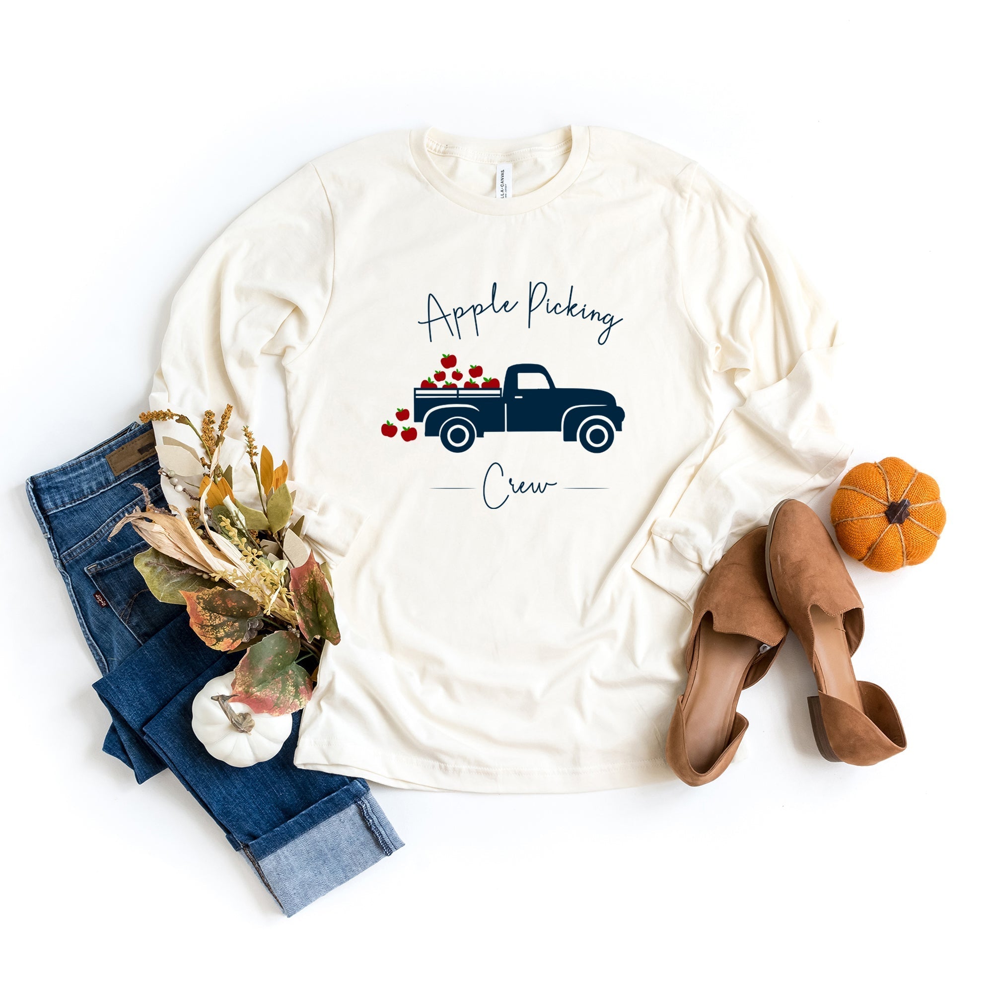 Apple Picking Crew Truck | Long Sleeve Crew Neck Olive and Ivory Retail